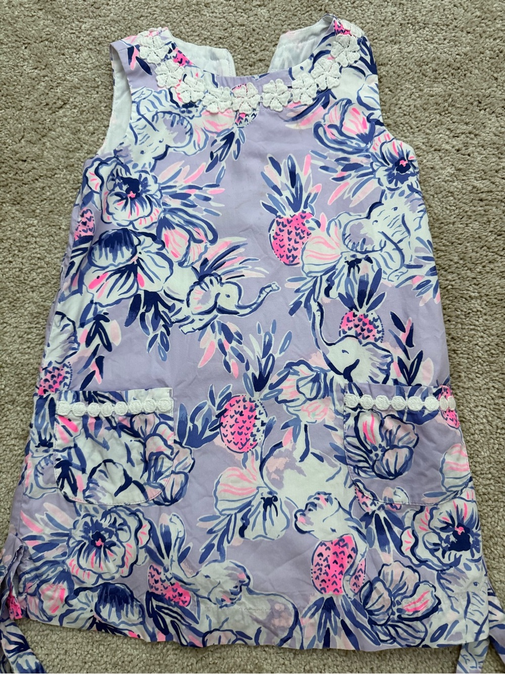 4T VGUC Lily Pulitzer Girls Lavender Floral Shift Dress with Pink & Navy Accents